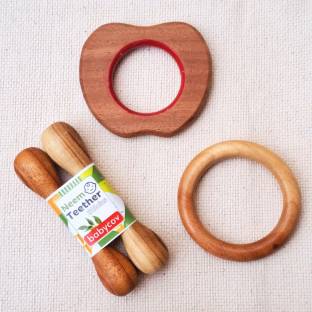 BABYCOV Neem Wood Teethers for Baby Set of 4 | for 3 Months Baby. (Apple Stick Ring) Teether