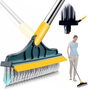 PrimeStore 2 in 1 Floor Scrub Brush With Long Handle Rotatable V-Shaped Squeegee Scraper with Holder