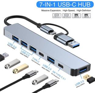 FKU 7 Port Usb C Hub splitter usb 3.0 adapter docking station Type C Data TRANSFER 7 Ports for Laptops and Desktops - USB 3.0 and 2.0 Compatible USB Hub