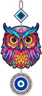 shashank woodenuv printed evil eye with owl designer wall hanging