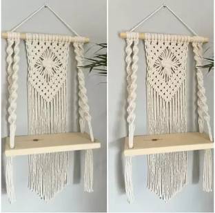 ZAWI Macrame Handmade Wooden Wall Shelf | Bohemian Wall Shelf Pack of 2