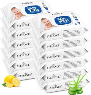 EVELANCE Caring Baby Wet Wipes with lid & Aloe Vera Extract| 72 Pieces|Pack Of 12