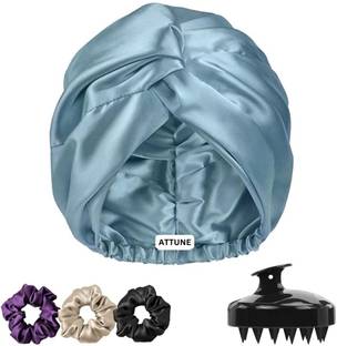 Attune Silk Hair Cap for Sleeping with 3 Satin Scrunchies Adjustable Bonnet & Scalp