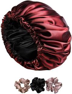 ERVY Satin Hair Bonnet cap 3 Primium Scrunchies sleeping bonnet shower cap [ Maroon]