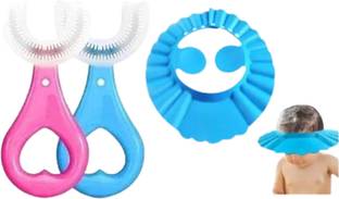 DECRONICS 2 Pcs U-Shaped Toothbrush & Set of 1 Pc Baby Shower Bathing Cap, Combo Pack of 3
