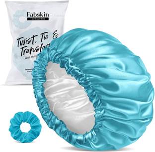 Fabskin Luxury Satin Silk Hair Bonnet Cap for Sleeping with Satin Scrunchie - Sky Blue
