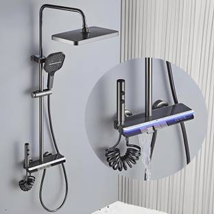 Luxury Solid Brass Circular Shower Panel Set, 4 Functions, Digital Temperature Display, Thermostatic, Hand Shower, Overhead Shower, Spout, Health Faucet, Black Rainfall