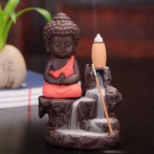 SSR Junction Handcrafted Meditating Little baby Monk Buddha Smoke Backflow Cone Incense Holder With 10 Incense Cones Showpiece Decorative Showpiece  -  12 cm