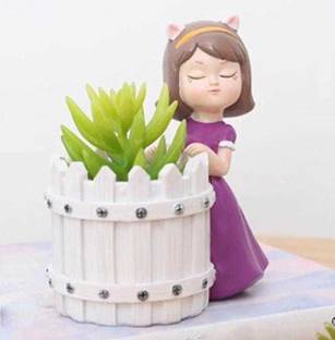 welno international Resin Handmade Cute Dreaming Girl with Basket Designed Flowerpots without Plant Decorative Showpiece  -  10 cm