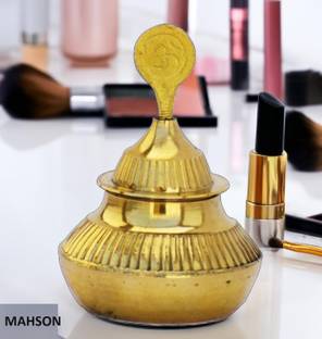 MAHSON Traditional Handmade Round Brass Kumkum Box With Stick without Sindoor Decorative Showpiece  -  9 cm