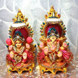 Kumhart Laxmi Ganesh Clay Murti for Diwali Pooja | Clay Lakshmi Ganesha Idol Pair Decorative Showpiece  -  18 cm