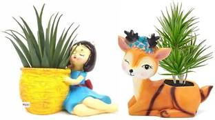 welno international Resin Cute Dreaming Girl with Basket Designed & Resin Deer Succulent Planter Pot Decorative Showpiece  -  10.16 cm