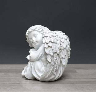 Shashi Arts RESIN WHITE SITTING ANGLE STATUE FOR HOME DECOR Decorative Showpiece  -  12 cm