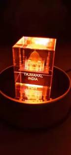 TANISHKA CREATIONS Taj Mahal 3D Laser Crystal Cube With 4 LED Roatating Stand Decorative Showpiece  -  8 cm