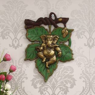 eCraftIndia Dancing Golden Lord Ganesha on Green Leaf Metal Wall Hanging डेकोरेटिव शोपीस  -  28 cm