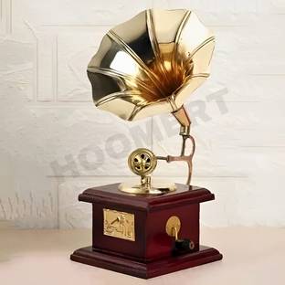 HOOMERT Brass Gramophone Showpiece For Home Decoration Antique Vintage Style Gramophone Brass, Wooden Gramophone