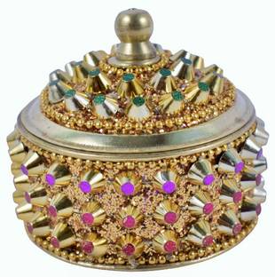 Real Craft Kumkum Box sindoor Box for Bride Brass Sindoor Box Dotted Design,Pack of 1 Decorative Showpiece  -  7 cm