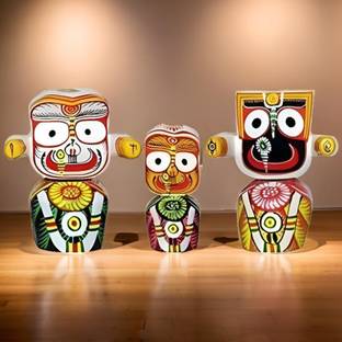AN Fashion Wood Lord Jagannath, Baldev and Subhadra, Sudarshan (Multicolour, 6 Inches) Decorative Showpiece  -  15 cm