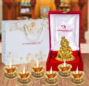 INTERNATIONAL GIFT Golden Shehanais Ganesh God with 6 Diya And Beautiful Velvet Box Packing Decorative Showpiece  -  12 cm