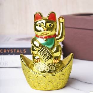 Shubhanjali Waving Hand Solar Cat Statue for Home Decor Items Car Gifts Study Table 5 Inch Decorative Showpiece  -  14 cm