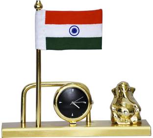 Saugat Traders Indian Flag with Clock and Ganesha Idol - Indian Flag for Car Dashboard, Table Decorative Showpiece  -  13 cm