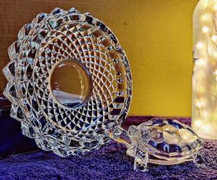 MIR Crystal Glass Vastu and Feng Shui Turtle/Tortoise with Leaf Plate for Good Luck and Wealth Creation Decorative Showpiece  -  5 cm