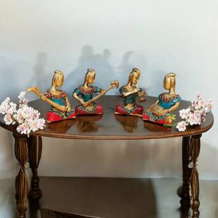 aakrati Set of Four Musicians Brass Statue in coral stone work Decorative Showpiece  -  10 cm