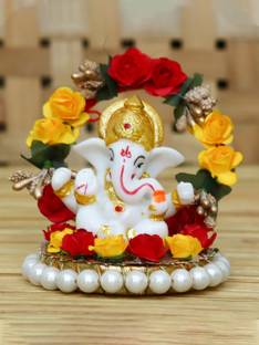 eCraftIndia Lord Ganesha Idol on Decorative Handcrafted Plate for Home and Car Decorative Showpiece  -  9 cm