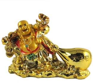 Pure Life Feng shui vastu religious golden Laughing Buddha With Money Beg ,Big Potli For Health, Wealth And Happiness, Good Luck & Brings Prosperity, Success And Financial Gains To The House Decorative Showpiece  -  10.5 cm
