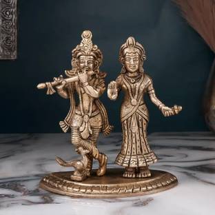 jy Radha Krishna God Idol | Brass | Yellow Colour - 17 cm Decorative Showpiece  -  17 cm