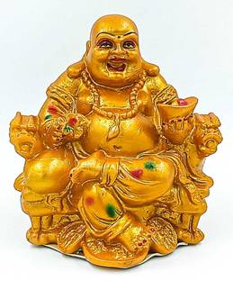 ATUT Laughing Buddha for Money, Business and Well wishesh in Gold Colour Decorative Showpiece  -  15 cm
