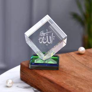 KhwajaDarbar Glass Crystal Cube - Holy Name Allah, 3D Holographic Print, Spiritual Decor Decorative Showpiece  -  7 cm
