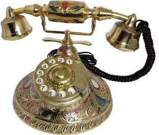 DECKORISH Brass Vintage Black Land Line Working Telephone Decorative Showpiece  -  17 cm