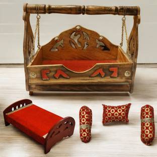 TATV QALAA Sheesham Wood Laddu Gopal/Bal Gopal Jhula/Krishna Palna, Bed & Pillow COMBO Decorative Showpiece  -  30 cm