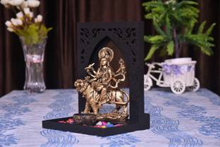 MARINER'S CREATION DURGA MATA IDOL IN ANTIQUE FINISH WITH PAINT TEXURED WOODEN ROYAL TRAY AND T LIGHT HOLDER FOR HOME DECOR,LIVING ROOM,BEDROOM,OFFICE,TEMPLE,HOUSE WARMING GIFT | SHOWPIECE FOR HOME DECOR | STATUE FOR HOME DECOR | Decorative Showpiece  -  23 cm