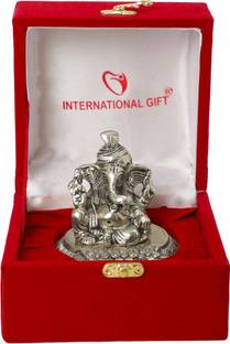 INTERNATIONAL GIFT Silver Plated Pagdi Ganesh Idol With Box & Bag | For Pooja, Mandir Decorative Showpiece  -  11 cm
