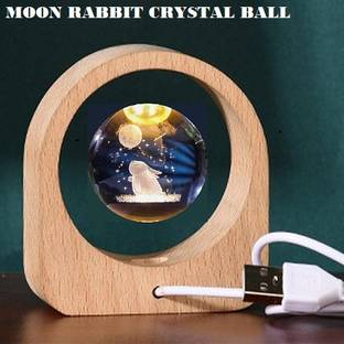 SHOPOGENIX 3D Moon Rabbit Crystal Ball Night Lamp with Wooden Frame, LED USB Cable Decorative Showpiece  -  8.5 cm