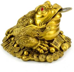 FOBHIYA Metalic Ceramic Feng Shui Triple Legged Frog with Coin in Mouth Decorative Showpiece for Good Luck, Home, Wisdom, Success, Wealth, Marriage, Prosperity, Happiness (Golden Colour) Decorative Showpiece  -  6.5 cm