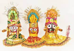 Real Craft Jagannath,Balabhadra,Maa Subhadra Wooden Idol With Poshak(Deity Dress)and Sudarshan Chakra,4 Inch ,Small Size Decorative Showpiece  -  10 cm