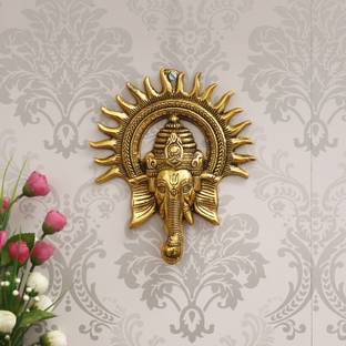 eCraftIndia Golden Lord Ganesha with Sun Decorative Metal Wall Hanging Decorative Showpiece  -  24 cm