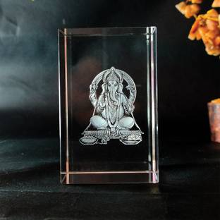 GROB Ganesha 3D Crystal Cube with Led Base (5x5x8cm) Decorative Showpiece  -  8 cm