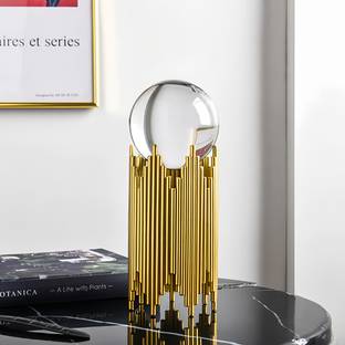 PYU ENJOY SHOPPING Clear Crystal Ball with Gold Art Deco Stand | Light Luxury Crystal Sphere Decorative Showpiece  -  22 cm