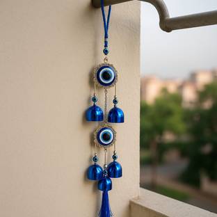 sculpmart Dual EvilEye Wind Chime Silver Frame & Hanging Chain Design For Door & Balcony Decorative Showpiece  -  35 cm