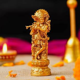 ZenCrafts Premium Flute Playing Krishna Statue for Car Dashboard Decorative Showpiece  -  10 cm