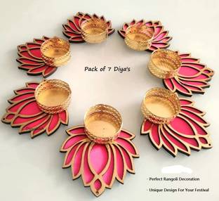 manrish Handmade Lotus Floor Decoration Reusable Rangoli Diya for PujaDecor/CandleHolder Wood (Pack of 7) Table Diya Set