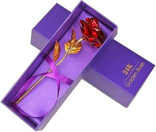 Easymart Red Rose Flower with Golden Leaf and Luxury Gift Box for Rose/Propose/Valentine Decorative Showpiece  -  12 cm