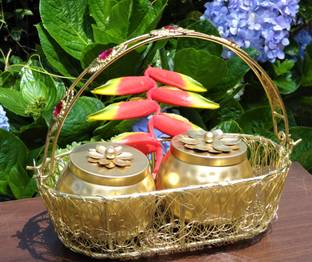 Cozzy Dera Golden Basket with two Lid Bowl/Multipurpose use Set/Gift Set Decorative Showpiece  -  22 cm