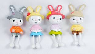BHOOLU&GOOLU Cute Miniature Hanging Leg Rabbit Couples - 4 Pcs Set ( Hight : 7 cm) डेकोरेटिव शोपीस  -  7 cm