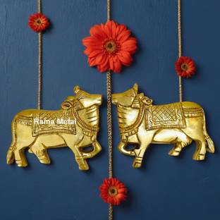 RAMA METAL Brass Wall Hanging Cow Pair | Vastu Gau Mata Idol | Kamadhenu Wall Decor Decorative Showpiece  -  10 cm