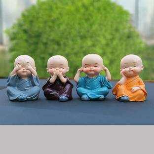 HI PLAST Miniature Buddha Monk Figurines for Car Dashboard, Office Tables, Home-Set of 4 Decorative Showpiece  -  12 cm